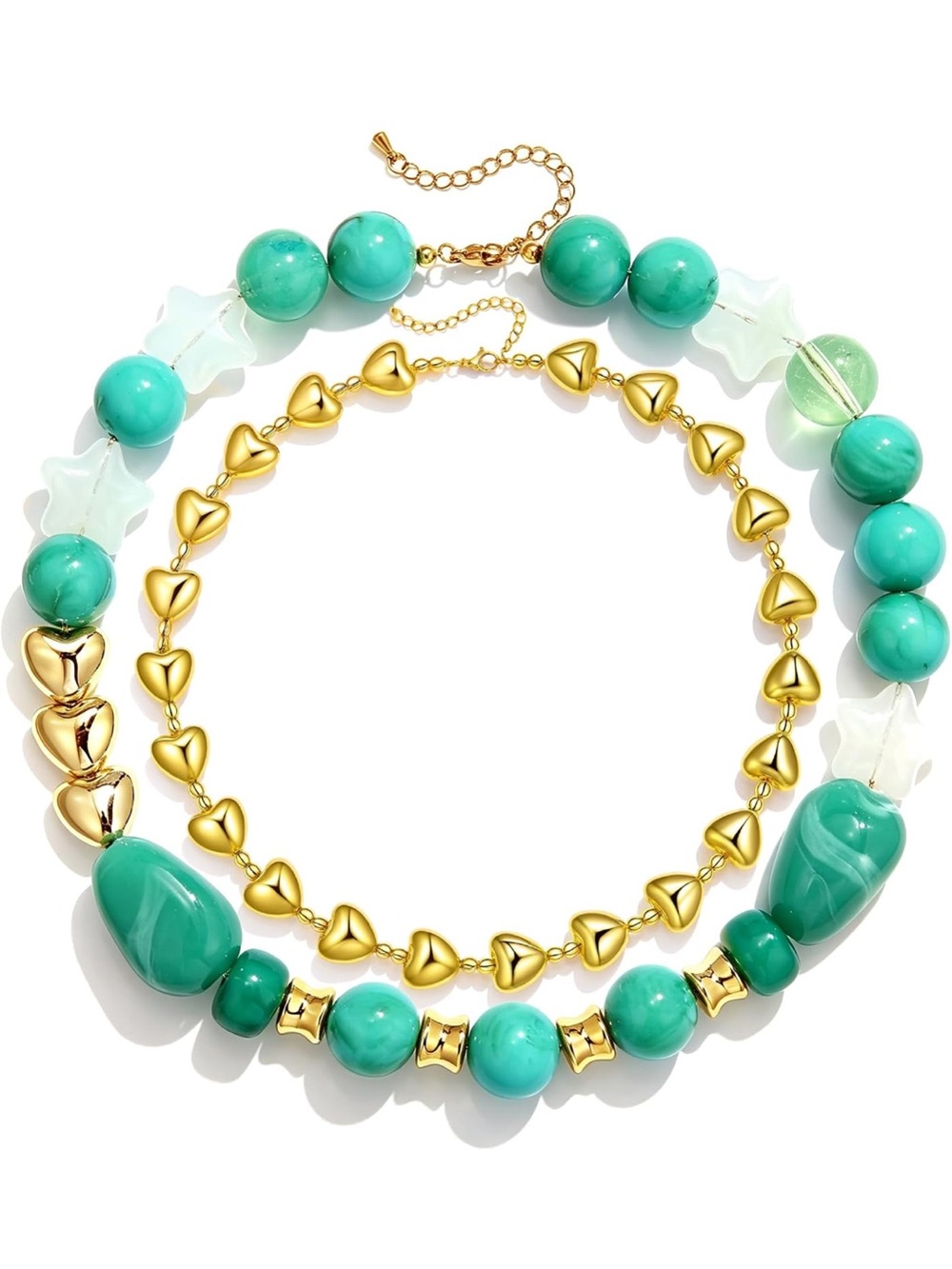 New  Gold color & Turquoise Double-Strand Heart Bead Necklace